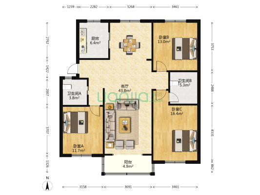 沁雨园西区 3室1厅2卫 125平方
