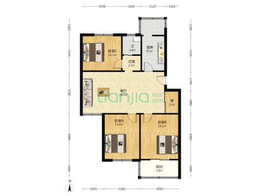 求实小区 3室1厅1卫 106平方