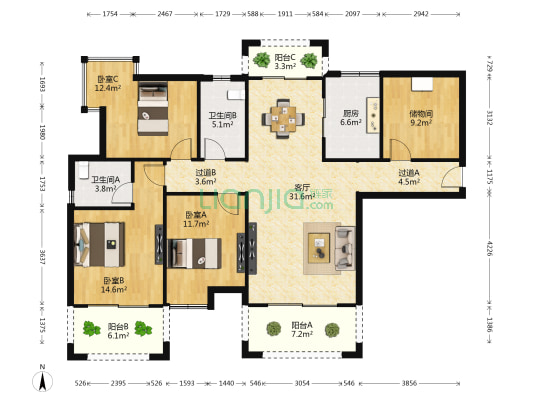 风雅蓝山 3室1厅2卫 137平方