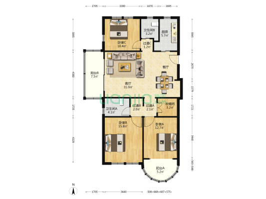 玉城宝都广场 3室1厅2卫 133平方