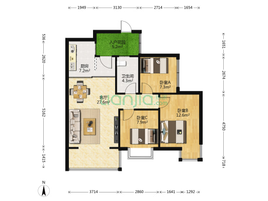 九州家园北区 3室1厅1卫 88平方