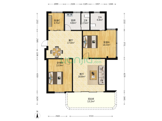 惠盛花园 3室2厅2卫 103平方