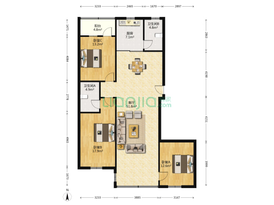 盈盛家园 3室1厅2卫 143平方
