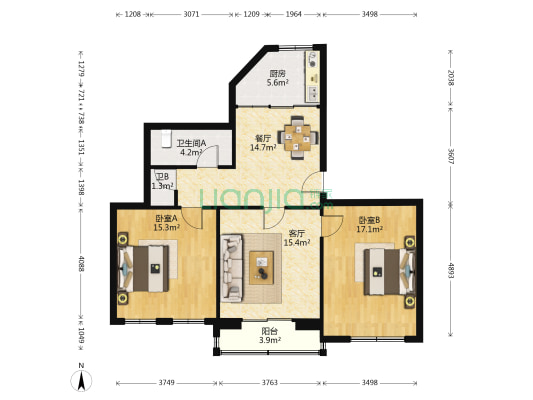 设计院四角楼（和政西街） 2室2厅2卫 87平方