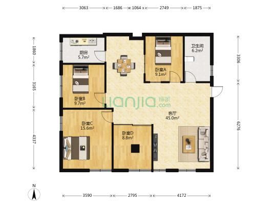 长升大厦 4室1厅1卫 120平方