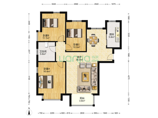 金海太阳城 3室1厅1卫 112平方