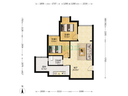 龙桥花苑三组团 2室1厅1卫 64平方