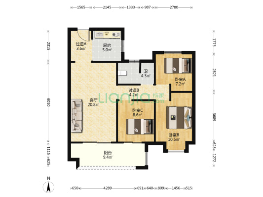 新城云昱东方 3室1厅1卫 97平方