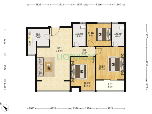 福城北苑A区 3室1厅2卫 122平方