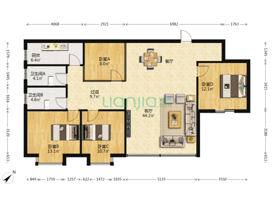 鑫北花园 4室1厅2卫 142平方