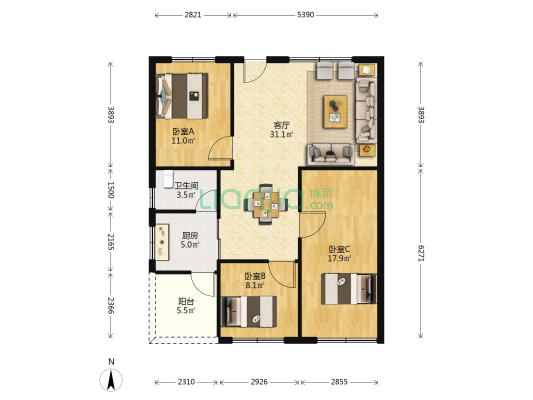 大湖星城 3室1厅1卫 113平方
