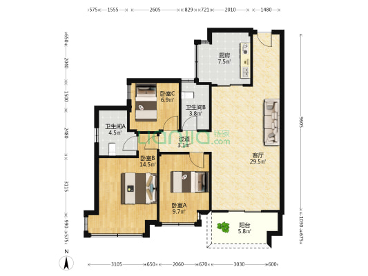 碧桂园公园壹号 3室1厅2卫 104平方