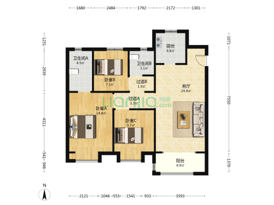 蓝光雍锦湾 3室1厅2卫 114平方