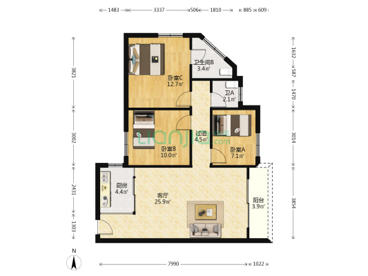 信晖楼 3室1厅2卫 93平方