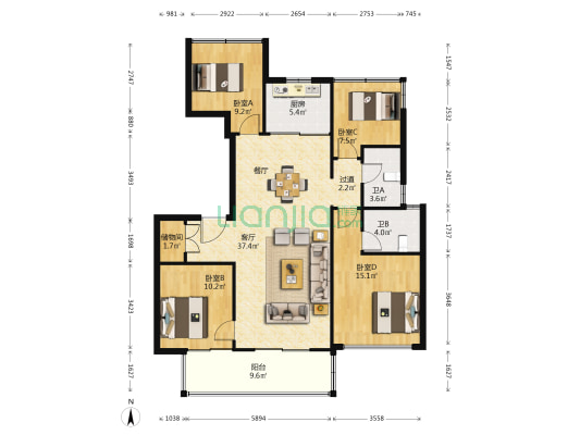 上湖城二期 4室1厅2卫 128平方