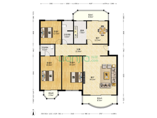 阳光小区南区 3室2厅2卫 175平方