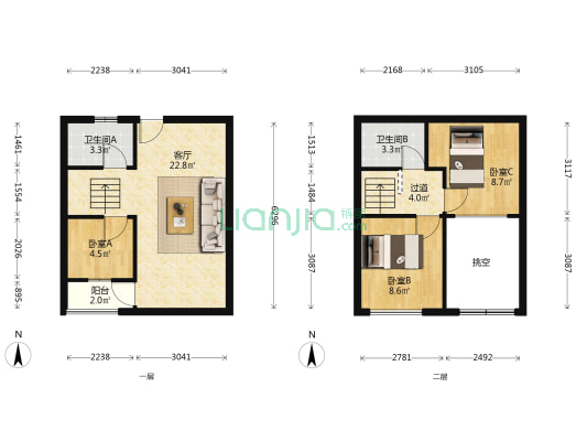 世城商业中心珑寓 3室1厅2卫 53平方