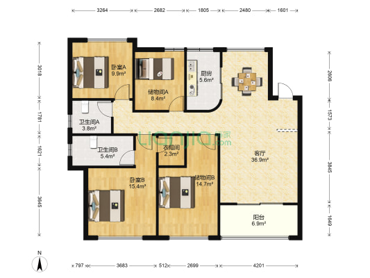 金地铂悦 2室1厅2卫 143平方