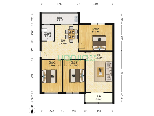 解放路二段95号 3室2厅1卫 101平方
