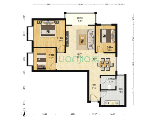海璟印象城D区 3室1厅1卫 118平方