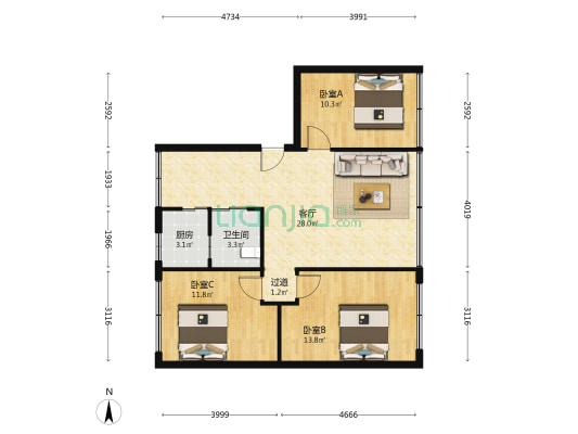 翡翠花园 3室1厅1卫 92平方