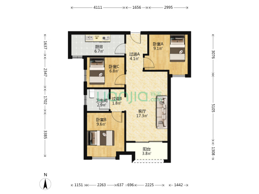 东原满庭芳 3室1厅1卫 87平方