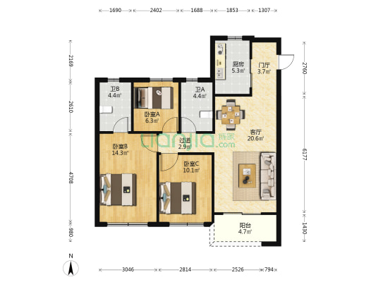 虹云之城 3室1厅2卫 100平方