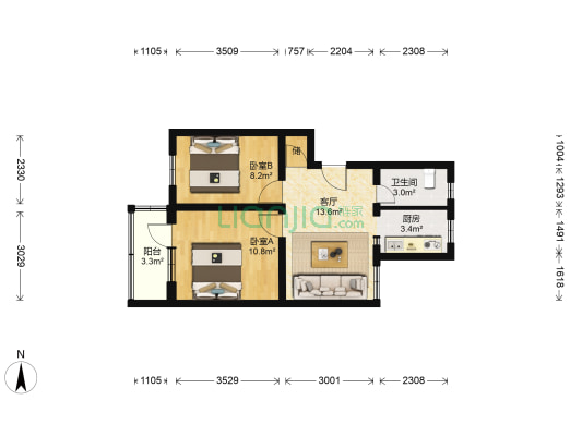 贾家花园甲1号院 2室1厅1卫 57平方