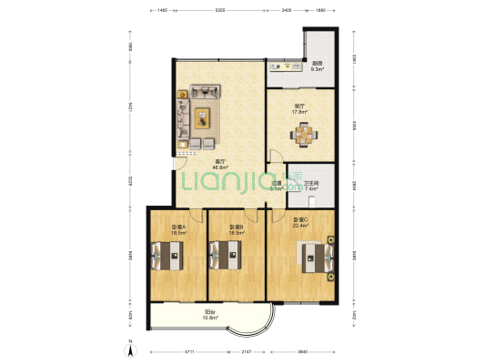 豪庭公寓 3室2厅1卫 178平方