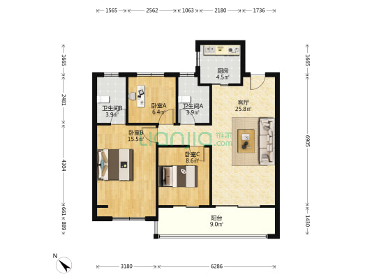 长江时代雍澜悦府 3室1厅2卫 105平方