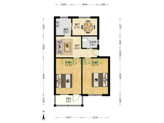 半导体厂宿舍 2室2厅1卫 68平方
