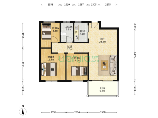 荣信公馆 3室1厅1卫 95平方