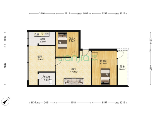红塔职高宿舍 2室2厅1卫 76平方