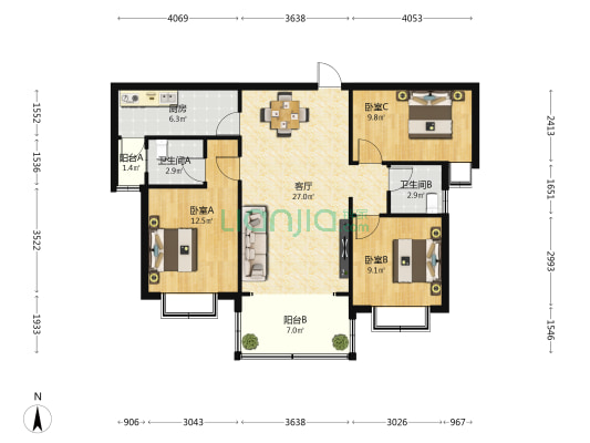 顺达花园 3室1厅2卫 103平方