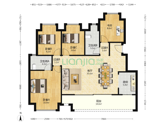 奥园悦府二期 4室1厅2卫 122平方