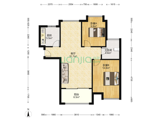 华辰嘉园北区 2室1厅1卫 85平方