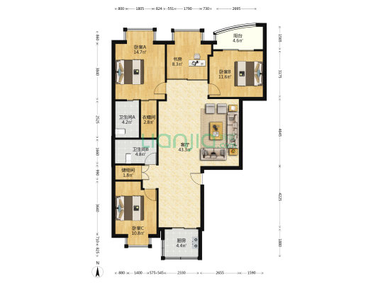 安阳路905号 4室1厅2卫 145平方