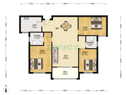 鸿园玉兰苑东苑 3室1厅2卫 126平方