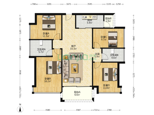 龙熙花园 4室1厅2卫 128平方