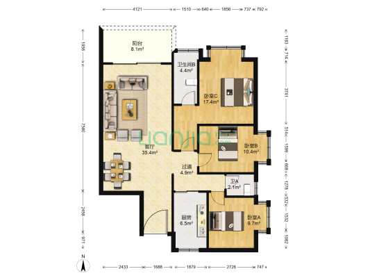 生态华庭 3室1厅2卫 123平方