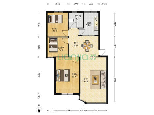 晶都花园 3室2厅1卫 97平方
