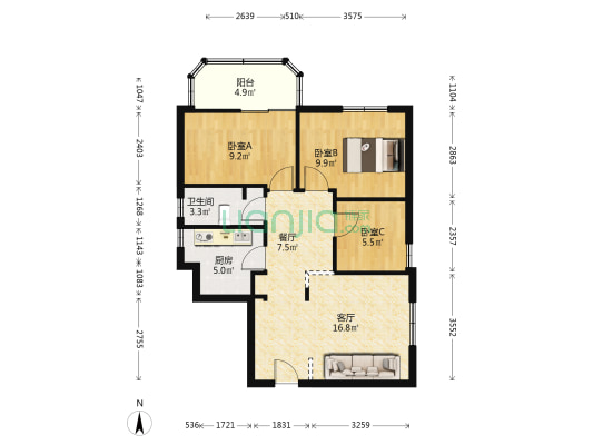 银兰苑 3室2厅1卫 83平方
