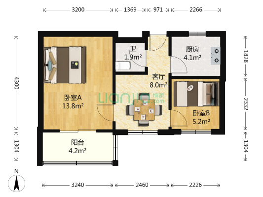 人民路66号 2室1厅1卫 46平方
