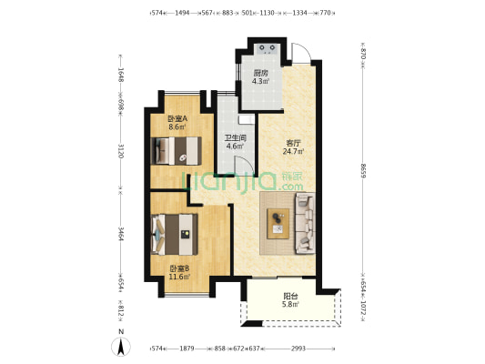 华侨城红坊/右岸 2室1厅1卫 79平方