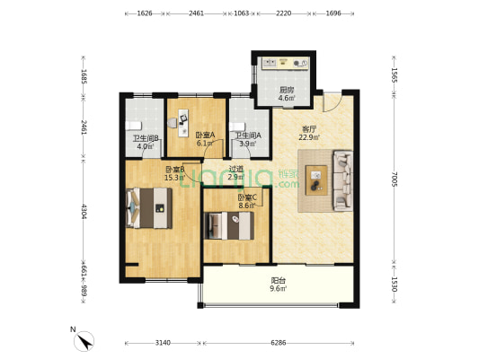 雍澜和府 3室1厅2卫 105平方