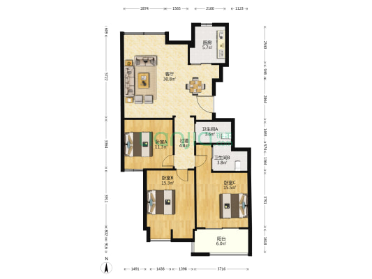 睦州垟锦园 3室1厅2卫 122平方