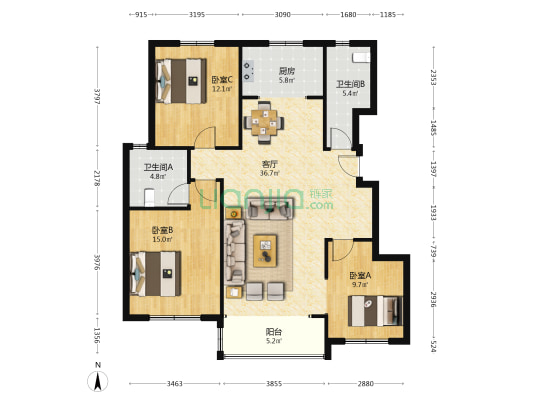 翡翠城映翠园 3室1厅2卫 122平方