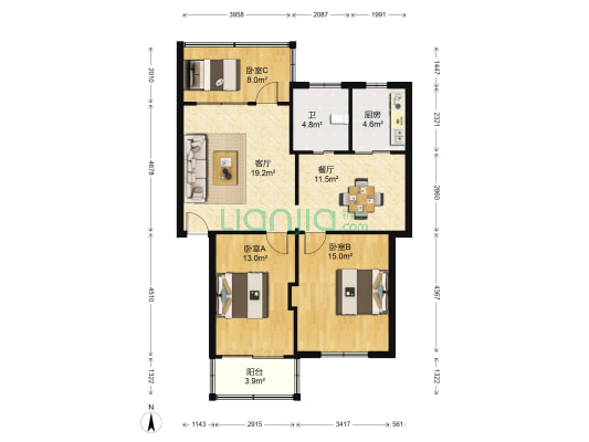 泰山公寓 3室2厅1卫 92平方