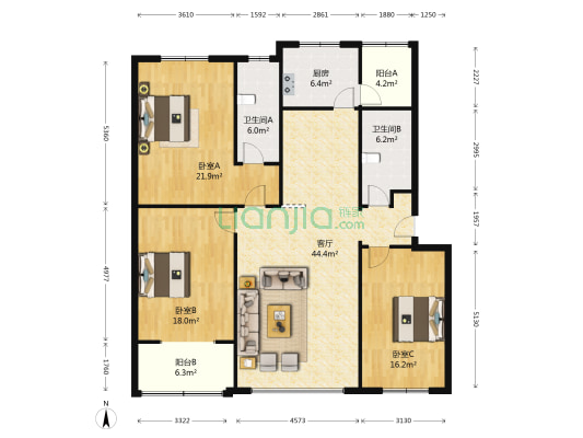 蒙山街166号 3室1厅2卫 155平方