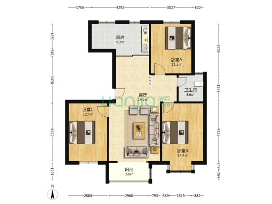 中建城四期 3室1厅1卫 114平方
